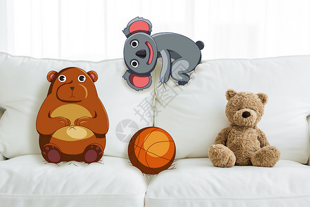小熊放气球沙发小憩插画