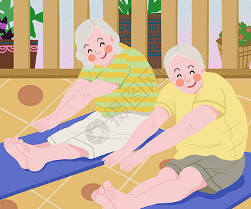老年夫妇打游戏小清新简约风老人运动插画插画