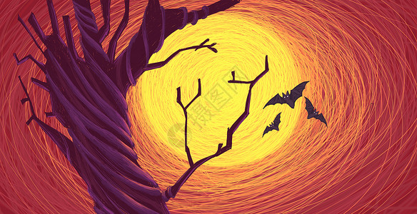 逆光天空手绘万圣节枯树蝙蝠插画