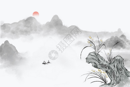 兰花与石中国画中国风水墨背景插画