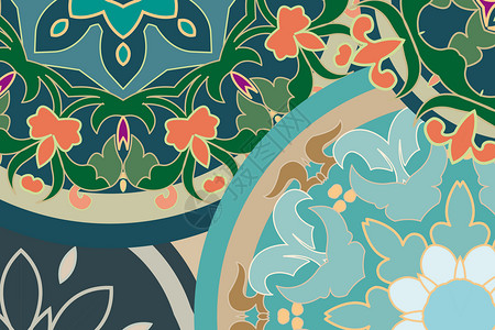 圆形青花瓷花纹和风日系背景插画