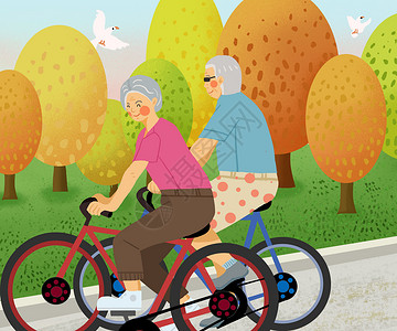 唯美清新老年人锻炼骑自行车插画高清图片