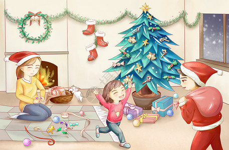 彩色圣诞树圣诞节晚上的一家插画
