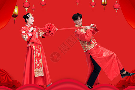 一朵大红花中式婚礼背景设计图片