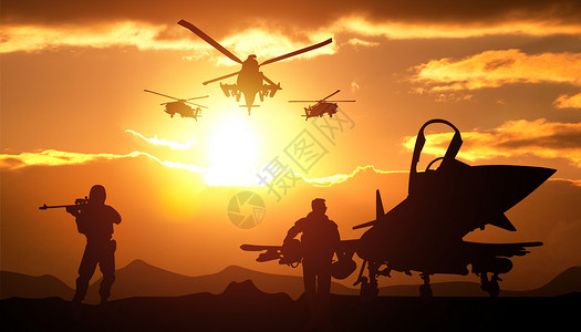 军用设备夕阳下的军人设计图片