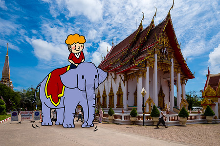 骑大象游泰国创意摄影插画高清图片