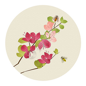 花和蜜蜂中国风花卉插画