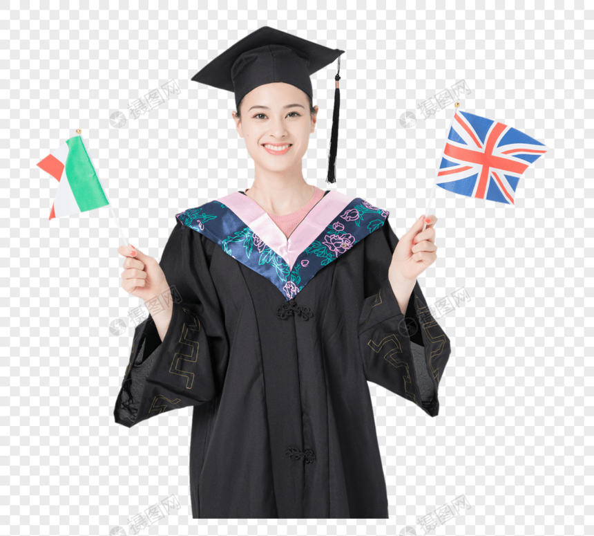 毕业生留学女性手持国旗图片
