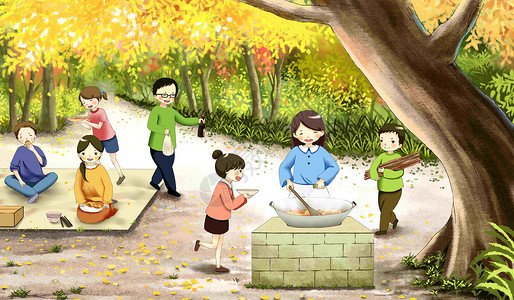 一家人在郊外野营游玩秋天插画