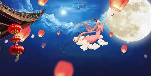 赏月的女孩八月十五中秋节设计图片