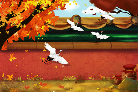 秋景红墙鹤群高清图片