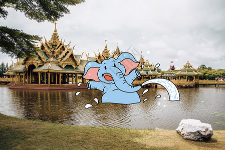 大象戏水创意摄影插画图片