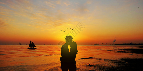海边约会看夕阳的情侣设计图片