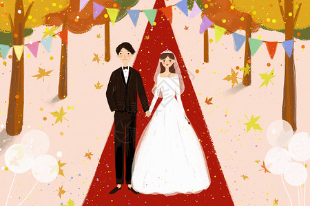 枫叶红于二月花婚礼插画插画