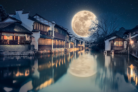 杭州运河夜景中秋月圆背景设计图片