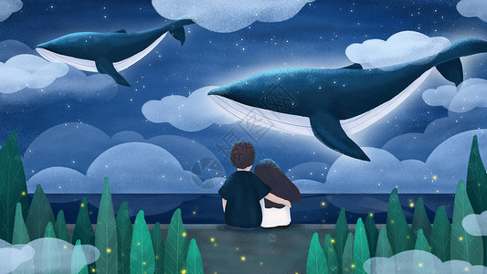 海豚壁纸治愈系鲸鱼与情侣插画