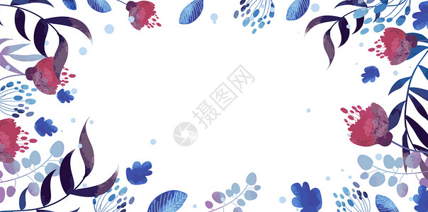 边框蓝色树叶花卉背景插画