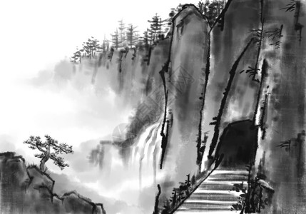 树林隧道水墨山水插画