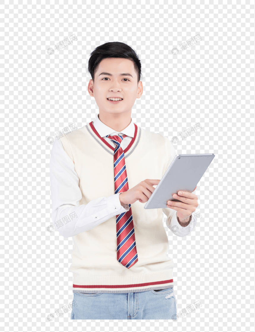 手拿平板电脑的男性学生图片