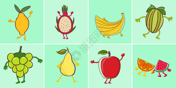 苹果和梨跳舞的水果插画