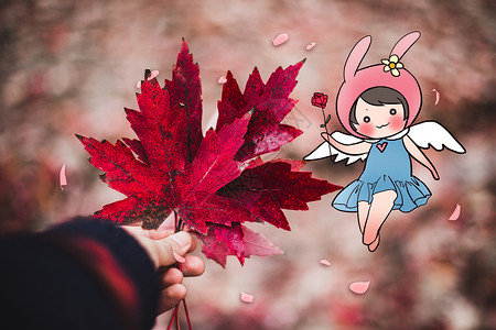 创意红色枫叶秋天的精灵插画