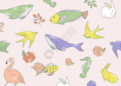 彩鱼动物简约背景素材插画
