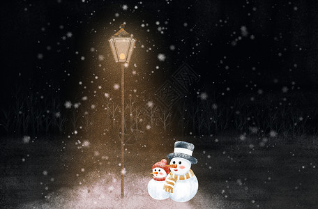 立冬的夜晚唯美冬天两个雪人吃饺子节气插画高清图片