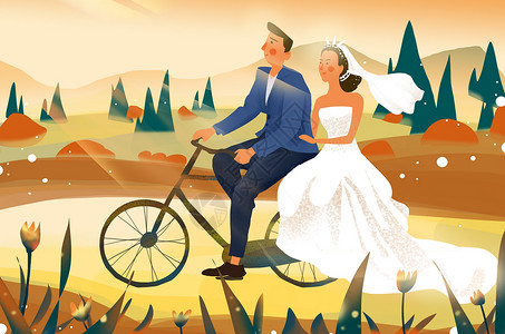 婚礼宣传x展架秋天骑自行车结婚插画插画