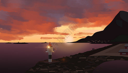 海边之晨灯塔插画