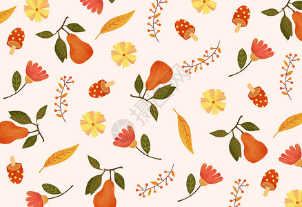 背景素材桌面复古秋天果实花朵背景插画