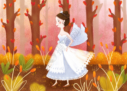 穿裙子的小姑娘森林秋景插画