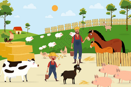 一群小鸡父子在农场场景插画