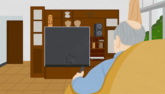 一位空巢老人老人孤零零看电视插画
