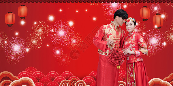 红色唐装中式婚礼背景设计图片