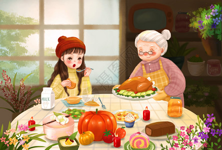 小女孩吃食物感恩节插画