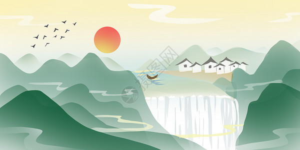 山水河流瀑布中国山水画插画