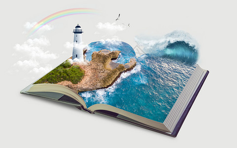 海岸灯塔元素奇幻立体旅游指南设计图片