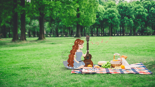 野餐时拉琴的女孩背景图片