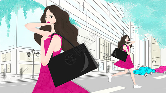 女性奔跑购物街时尚女孩插画