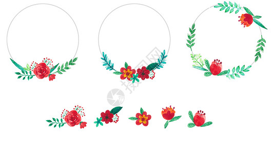 红色淘宝海报小清新透明水彩花卉边框插画