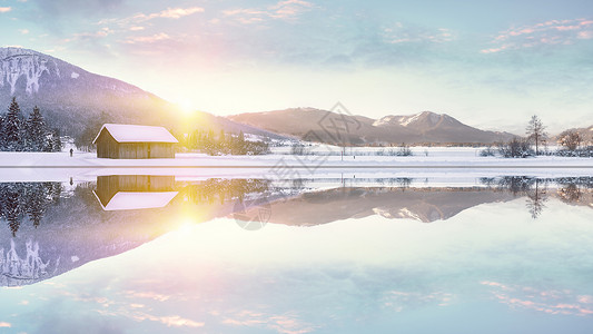 黄昏的湖面梦幻山峰场景设计图片