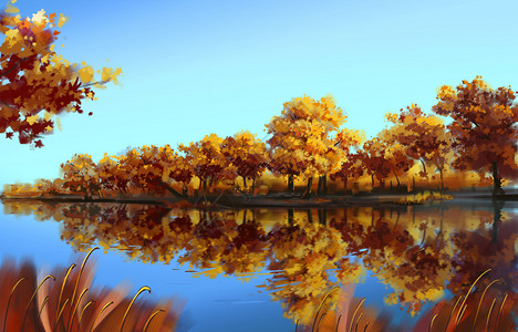 深秋湖边枫林背景图片