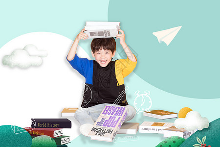 抱着星星的男孩开心阅读的儿童设计图片