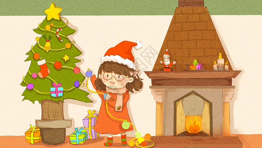 红色壁炉手绘圣诞节插画插画