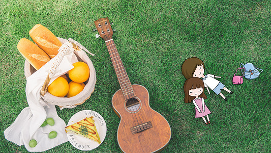 浪漫情侣草地野餐弹奏音乐插画野餐的小情侣设计图片
