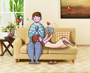 暑期躺在沙发上玩手机的男孩温馨的情侣设计图片