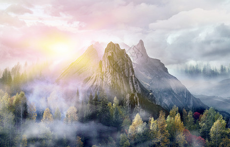 树林雾唯美梦幻山脉场景设计图片