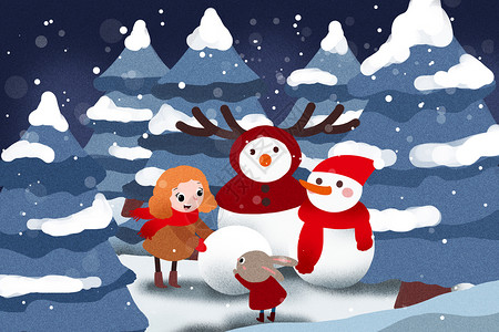 圣诞麋鹿雪球堆雪人插画