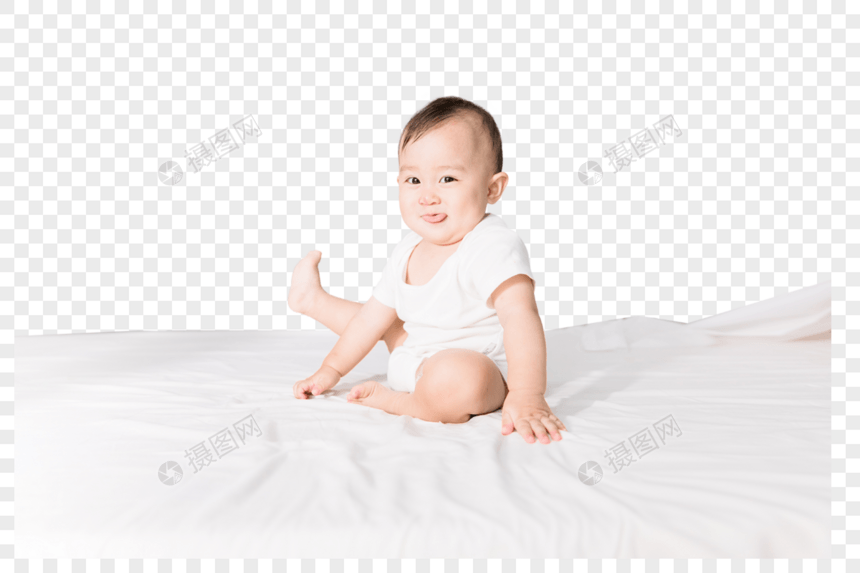 婴儿坐在床上图片