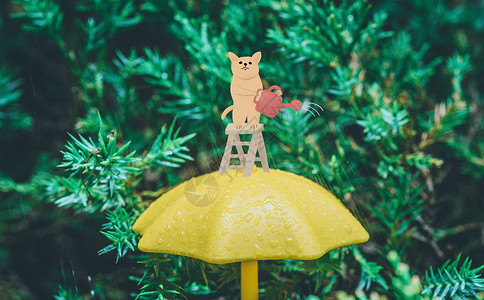 撑小伞的猫洒水的小狗插画